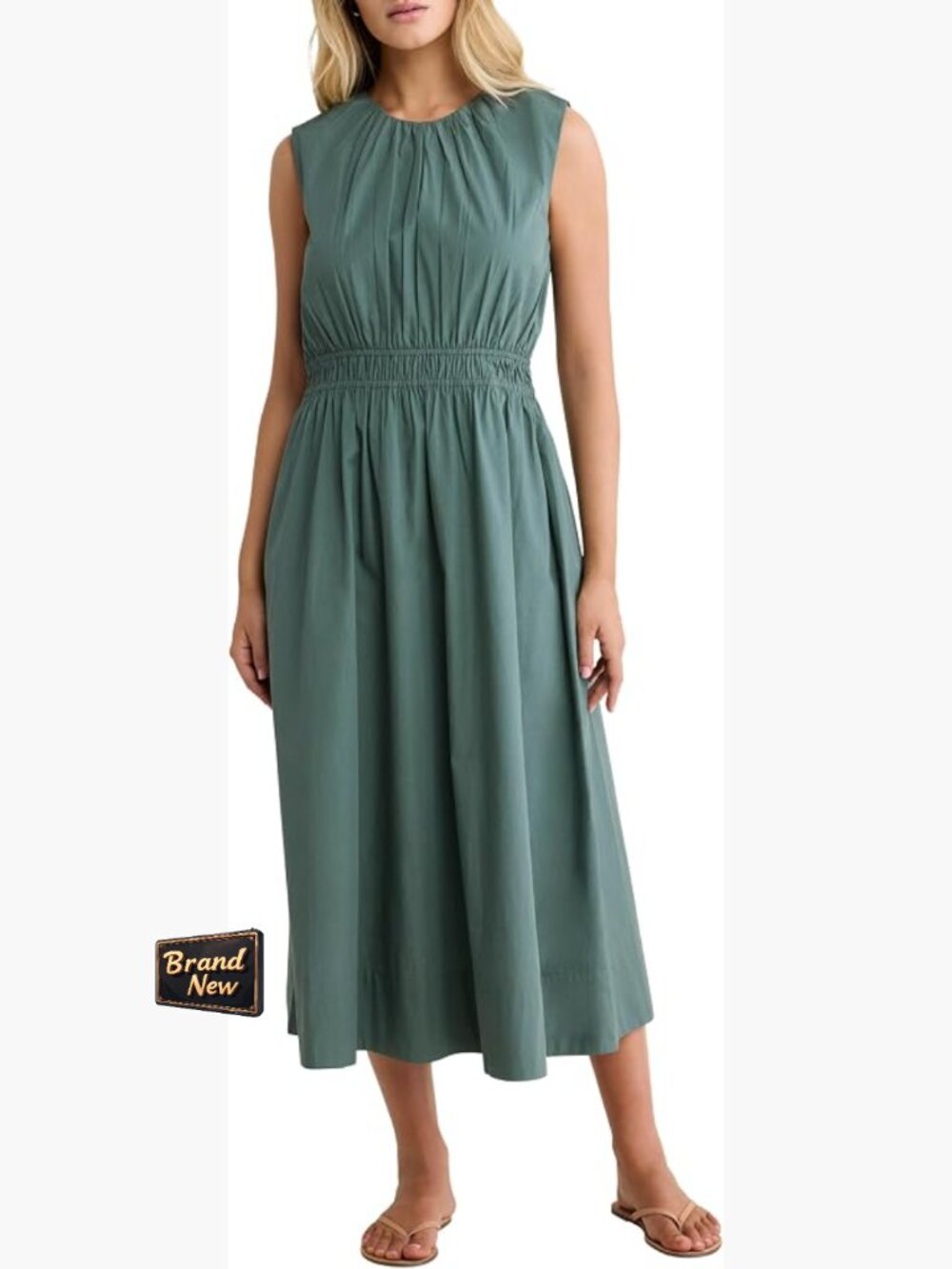 Cotton Poplin Sleeveless Dress Mid-Calf Pull On US Size